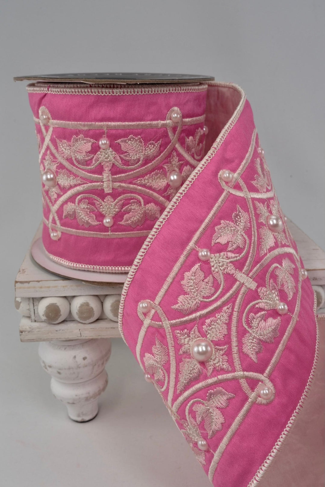 Fancy Pink & Pearl Wired Ribbon - 4" - Greenery Market25-600-5