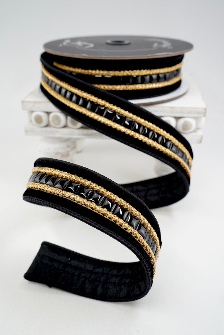 Farrisilk Black Gemstones Wired Ribbon - 1.5" - Greenery MarketWired RibbonRG250-92