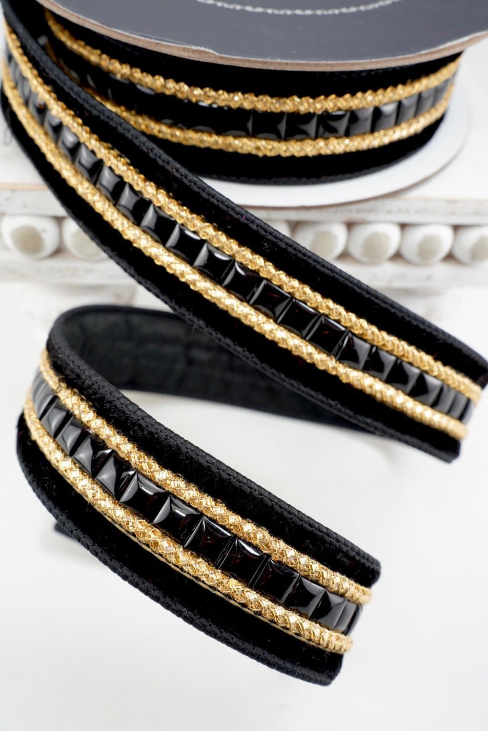 Farrisilk Black Gemstones Wired Ribbon - 1.5" - Greenery MarketWired RibbonRG250-92