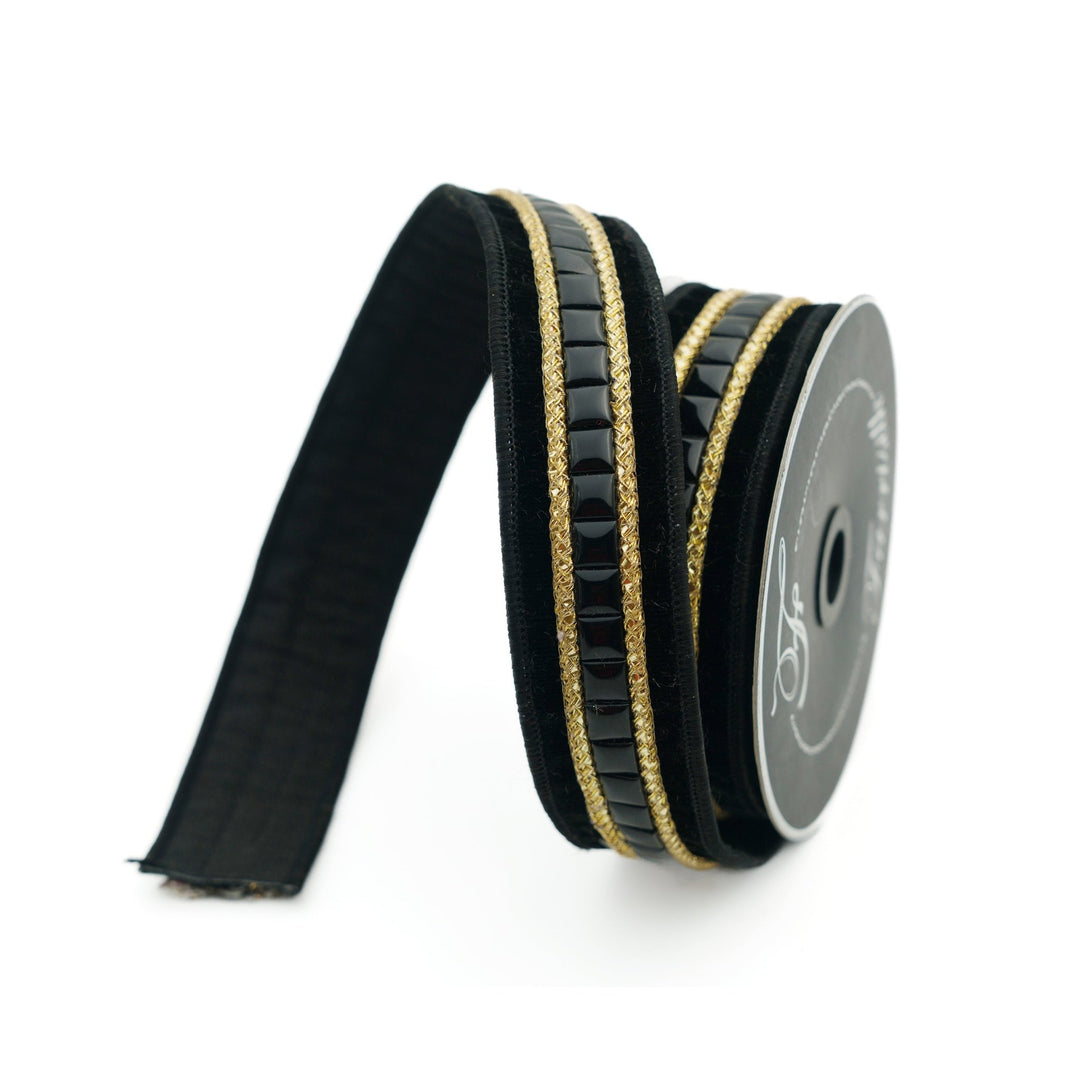 Farrisilk Black Gemstones Wired Ribbon - 1.5" - Greenery MarketWired RibbonRG250-92