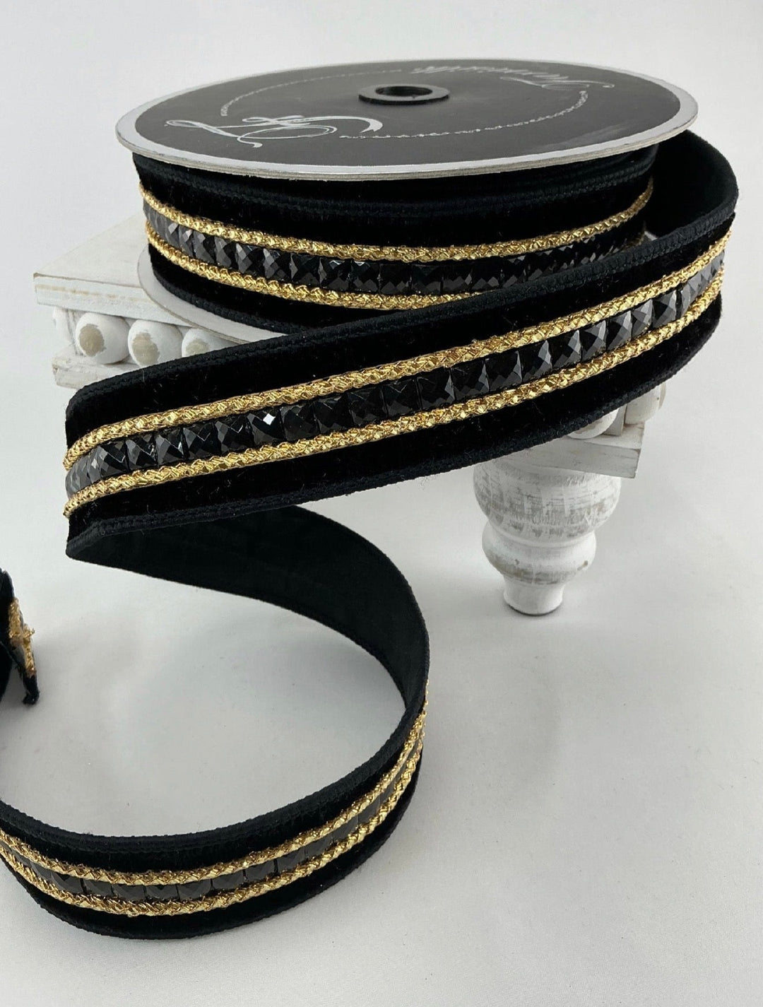 Farrisilk Black Gemstones Wired Ribbon - 1.5" - Greenery MarketWired RibbonRG250-92
