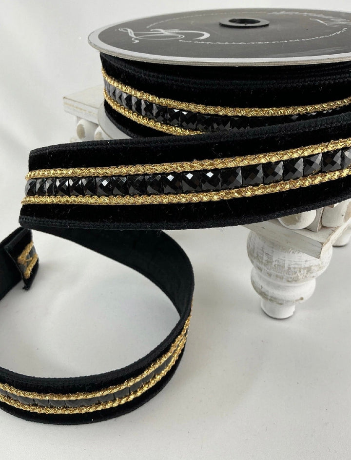 Farrisilk Black Gemstones Wired Ribbon - 1.5" - Greenery MarketWired RibbonRG250-92