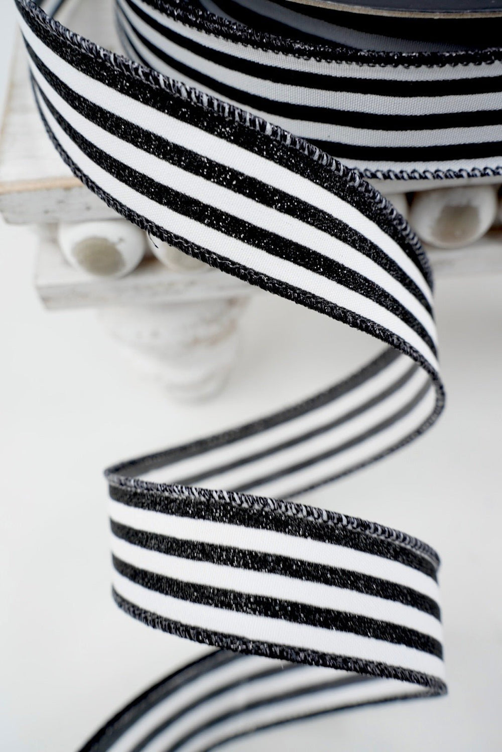 Farrisilk Black Mini Glitter Stripes Wired Ribbon - 1" - Greenery MarketWired RibbonRS349-92