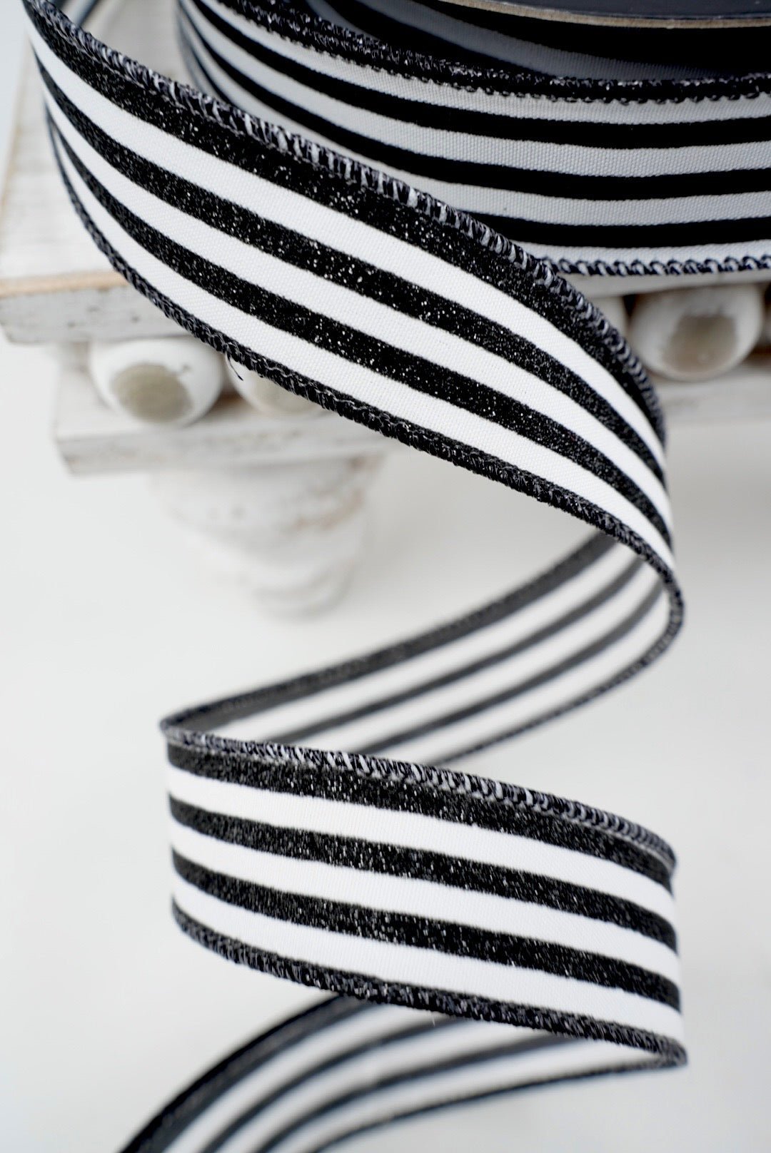 Farrisilk Black Mini Glitter Stripes Wired Ribbon - 1" - Greenery MarketWired RibbonRS349-92