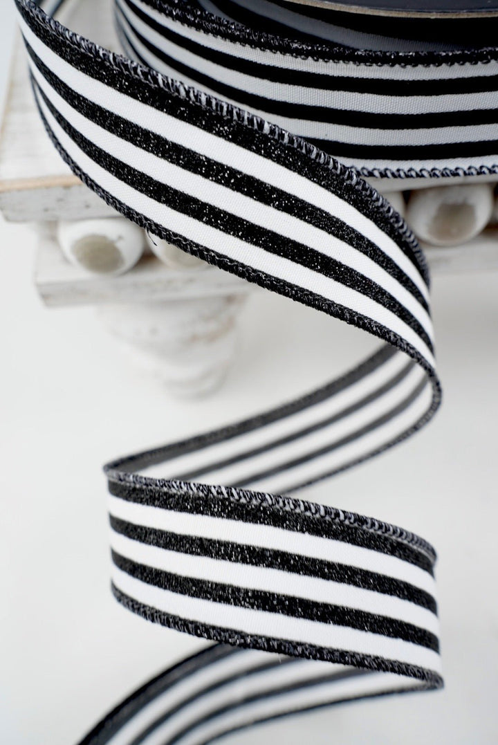 Farrisilk Black Mini Glitter Stripes Wired Ribbon - 1" - Greenery MarketWired RibbonRS349-92