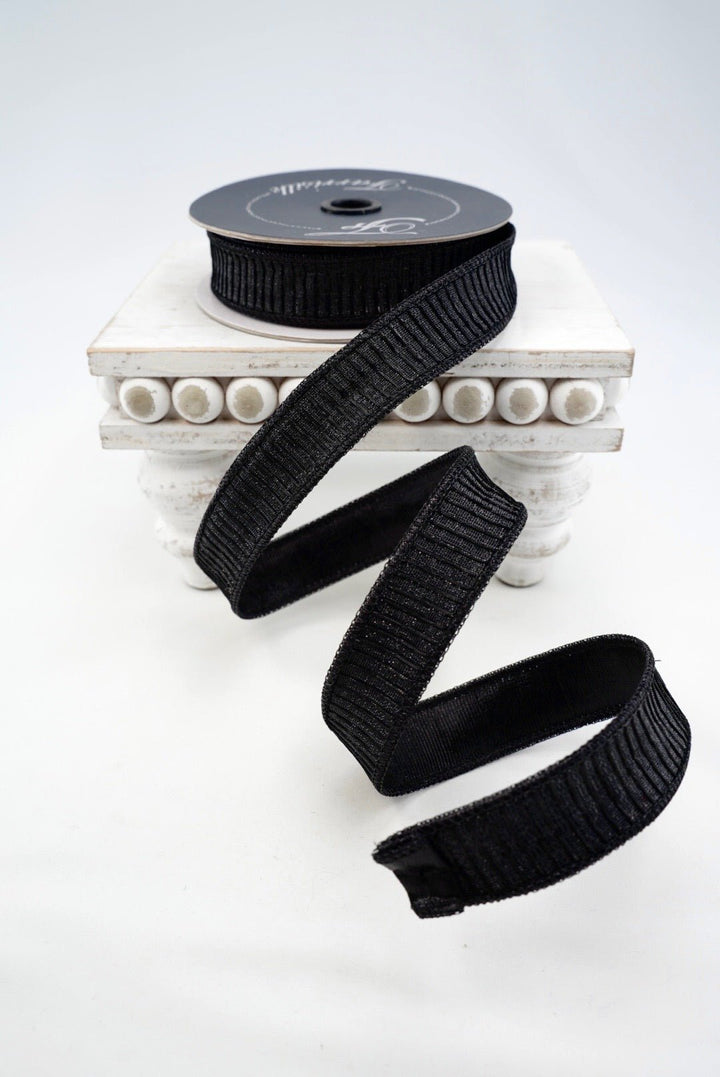 Farrisilk Black Pleated Metallic Wired Ribbon - 1" - Greenery MarketWired RibbonRK437-92