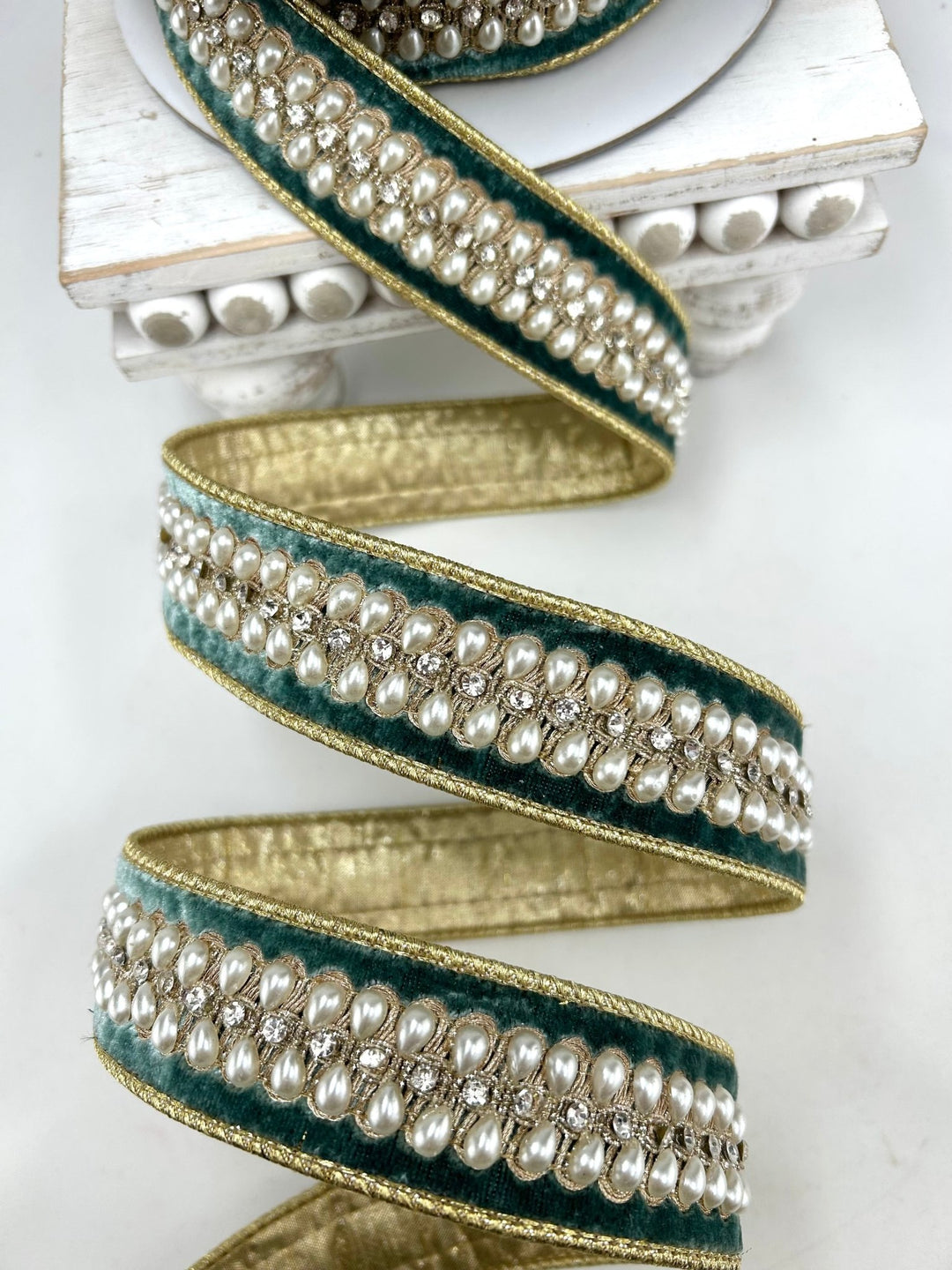 Farrisilk Celadon Pearl Necklace Wired Ribbon - 1.5" - Greenery MarketWired RibbonRK836-75