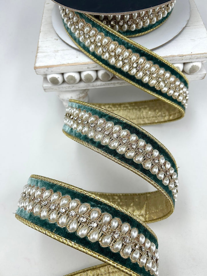 Farrisilk Celadon Pearl Necklace Wired Ribbon - 1.5" - Greenery MarketWired RibbonRK836-75