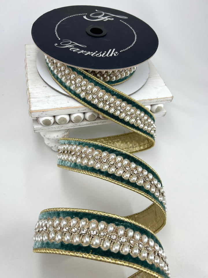 Farrisilk Celadon Pearl Necklace Wired Ribbon - 1.5" - Greenery MarketWired RibbonRK836-75