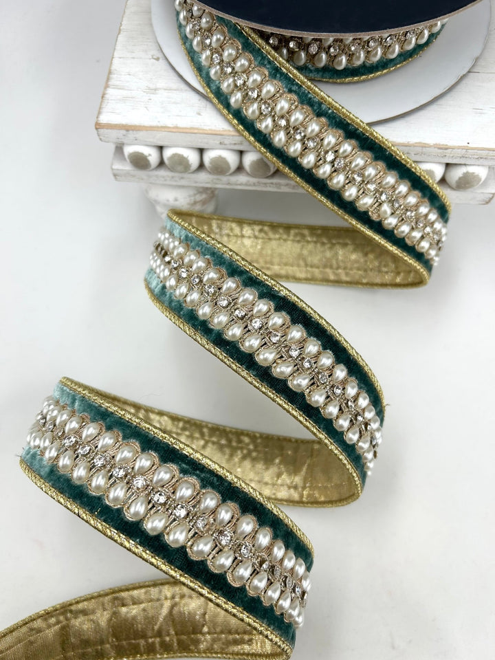 Farrisilk Celadon Pearl Necklace Wired Ribbon - 1.5" - Greenery MarketWired RibbonRK836-75