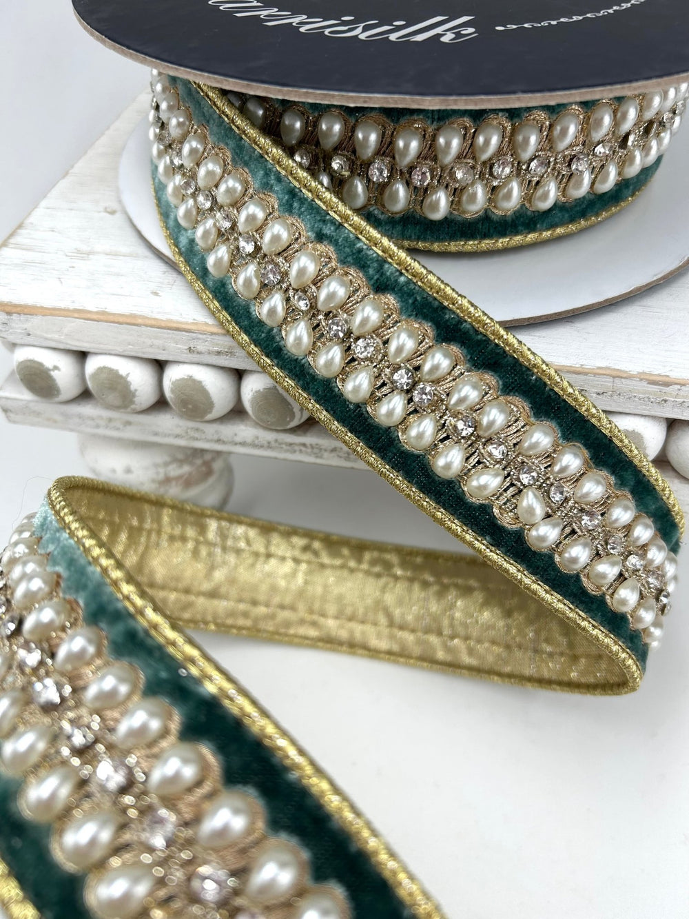 Farrisilk Celadon Pearl Necklace Wired Ribbon - 1.5" - Greenery MarketWired RibbonRK836-75