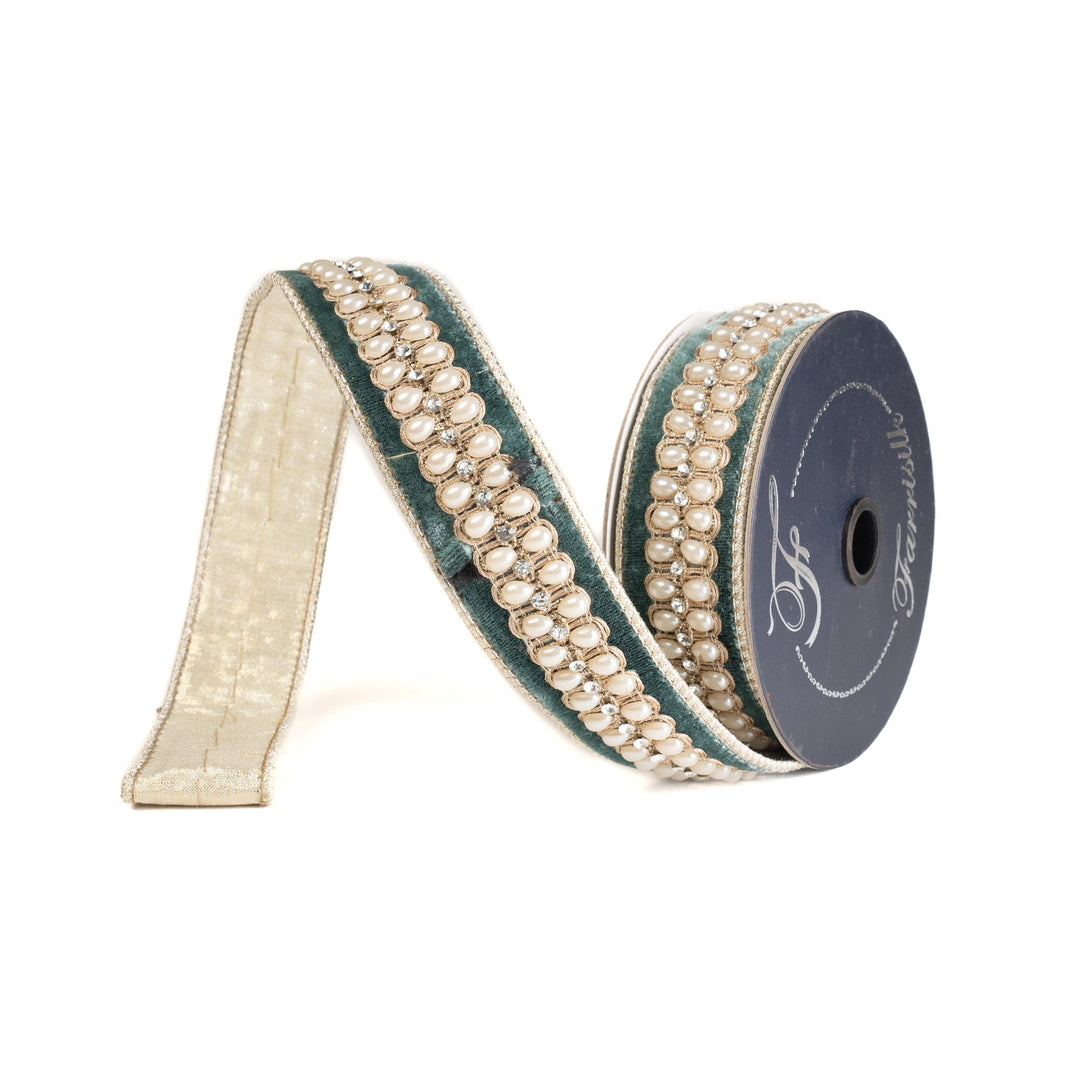 Farrisilk Celadon Pearl Necklace Wired Ribbon - 1.5" - Greenery MarketWired RibbonRK836-75