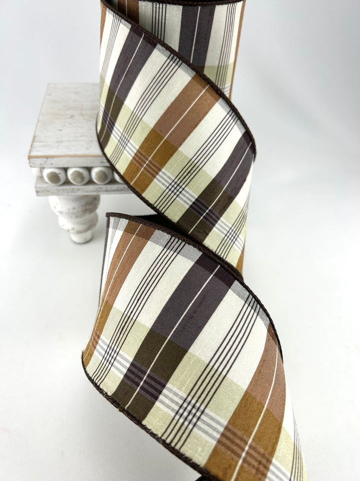 Farrisilk Chocolate & Beige Christmas Plaid Wired Ribbon - 4" - Greenery MarketWired RibbonRM003-08