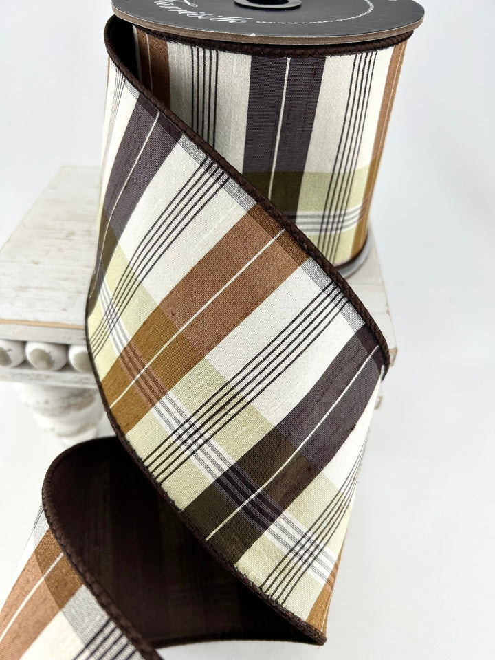Farrisilk Chocolate & Beige Christmas Plaid Wired Ribbon - 4" - Greenery MarketWired RibbonRM003-08