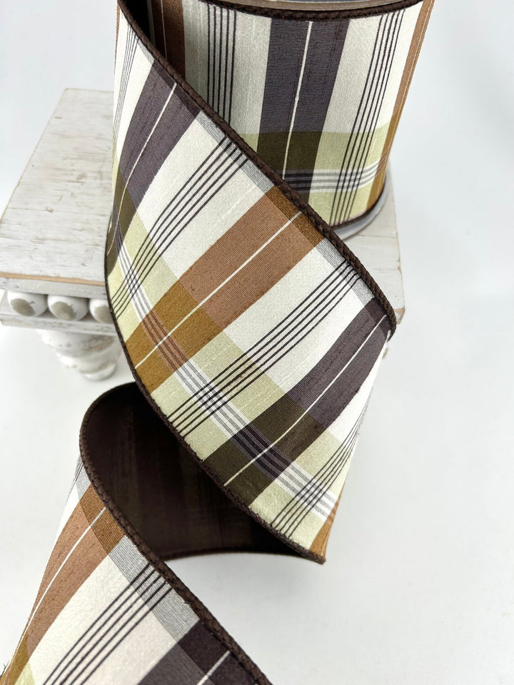 Farrisilk Chocolate & Beige Christmas Plaid Wired Ribbon - 4" - Greenery MarketWired RibbonRM003-08