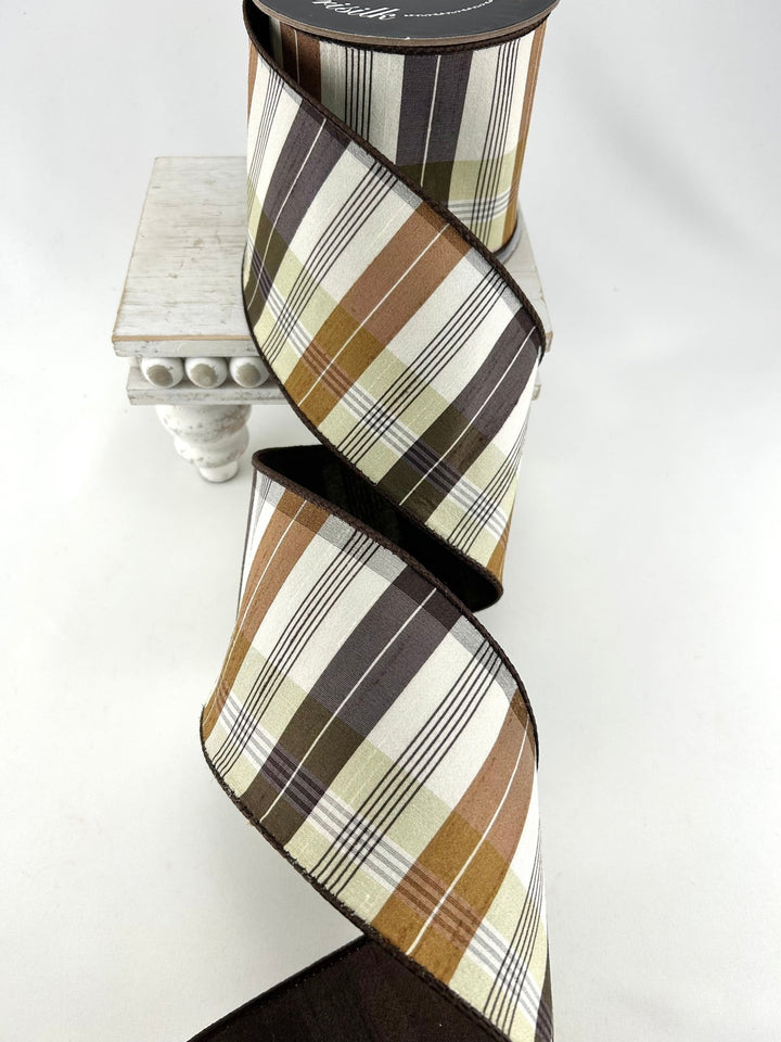 Farrisilk Chocolate & Beige Christmas Plaid Wired Ribbon - 4" - Greenery MarketWired RibbonRM003-08