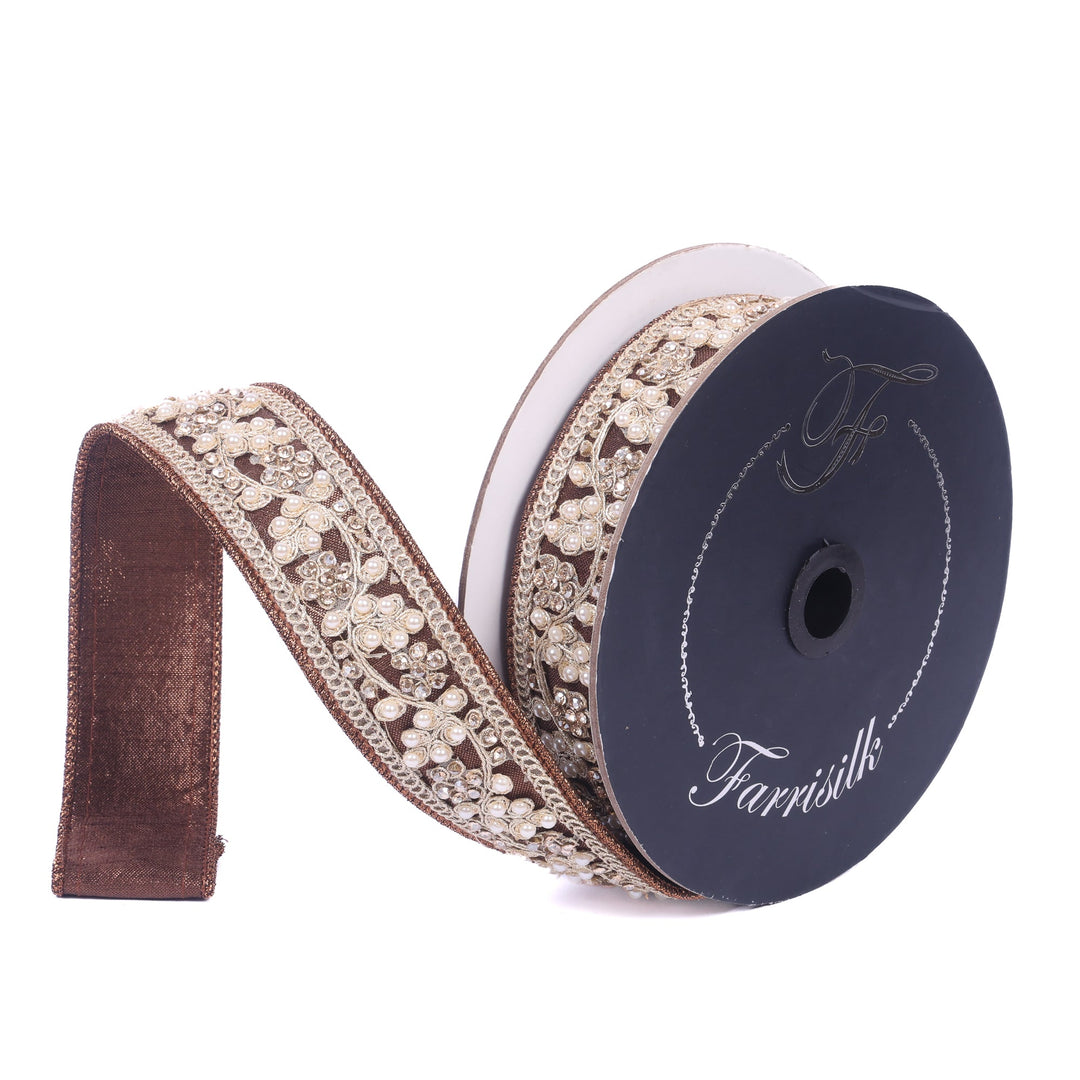 Farrisilk Chocolate Cecilia Pearl Wired Ribbon - 1.5" - Greenery MarketWired RibbonRK970-23