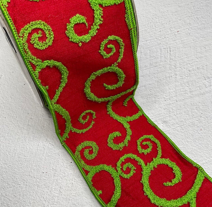 Farrisilk Christmas lime green and red fuzzy swirls ribbon - 4” - Greenery Marketwired ribbonRg866 - 47