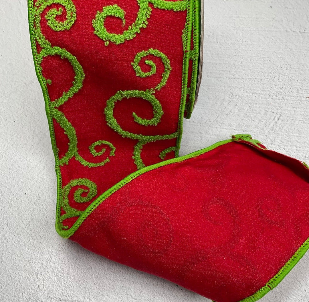 Farrisilk Christmas lime green and red fuzzy swirls ribbon - 4” - Greenery Marketwired ribbonRg866 - 47