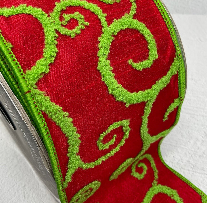 Farrisilk Christmas lime green and red fuzzy swirls ribbon - 4” - Greenery Marketwired ribbonRg866 - 47