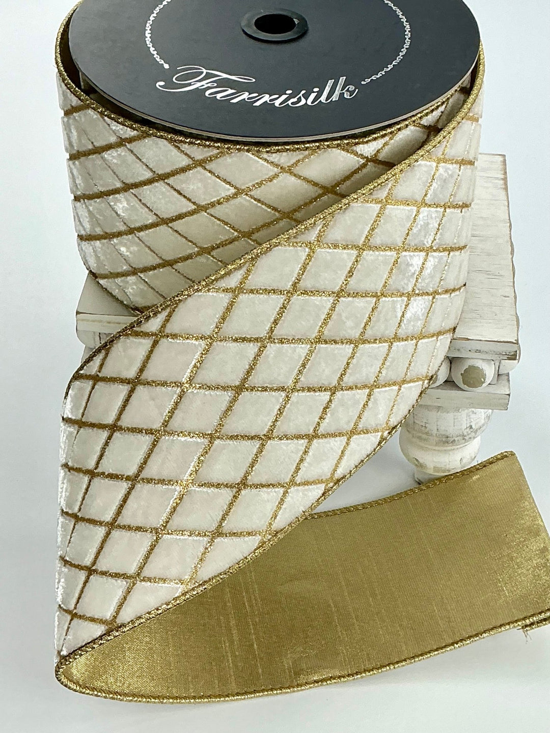 Farrisilk cream velvet w/ gold diamonds ribbon - 4” - Greenery Marketwired ribbonRG454 - 62