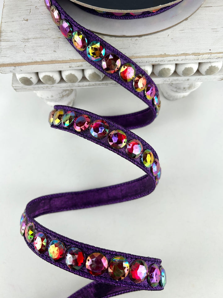 Farrisilk Eggplant Aurora Gem Garland Wired Ribbon - .75" - Greenery MarketWired RibbonRK930-28