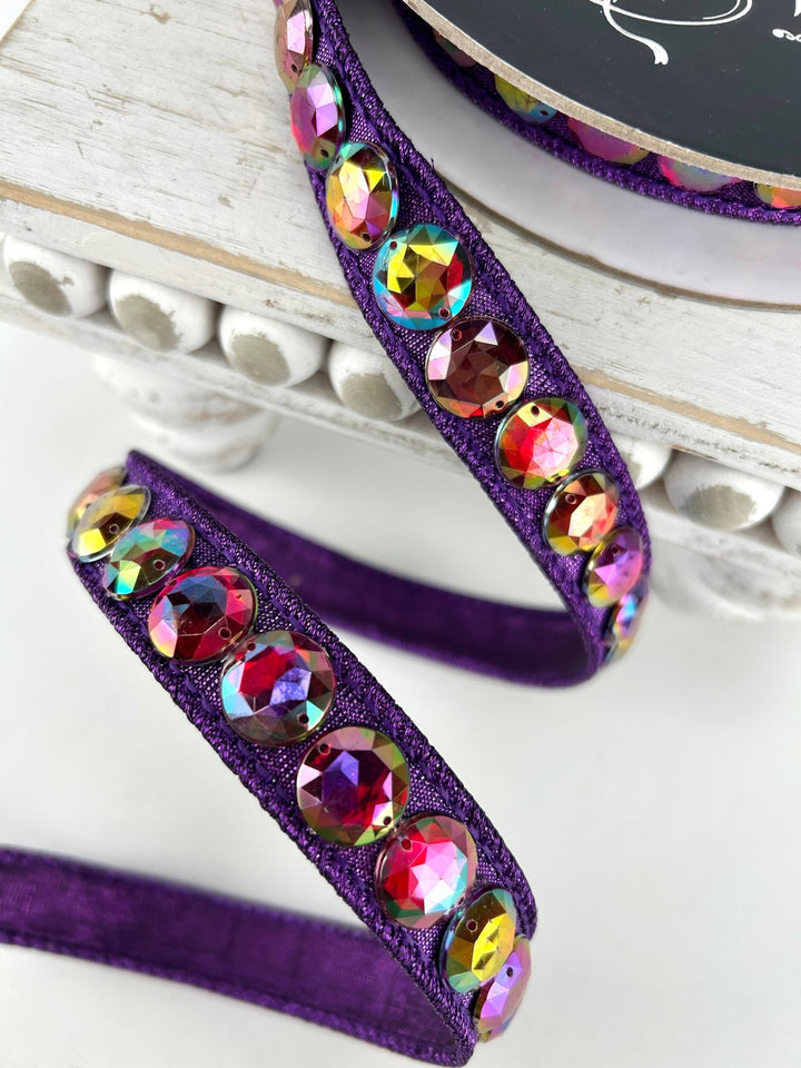 Farrisilk Eggplant Aurora Gem Garland Wired Ribbon - .75" - Greenery MarketWired RibbonRK930-28