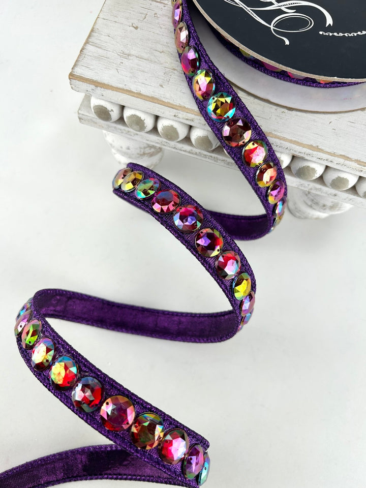 Farrisilk Eggplant Aurora Gem Garland Wired Ribbon - .75" - Greenery MarketWired RibbonRK930-28