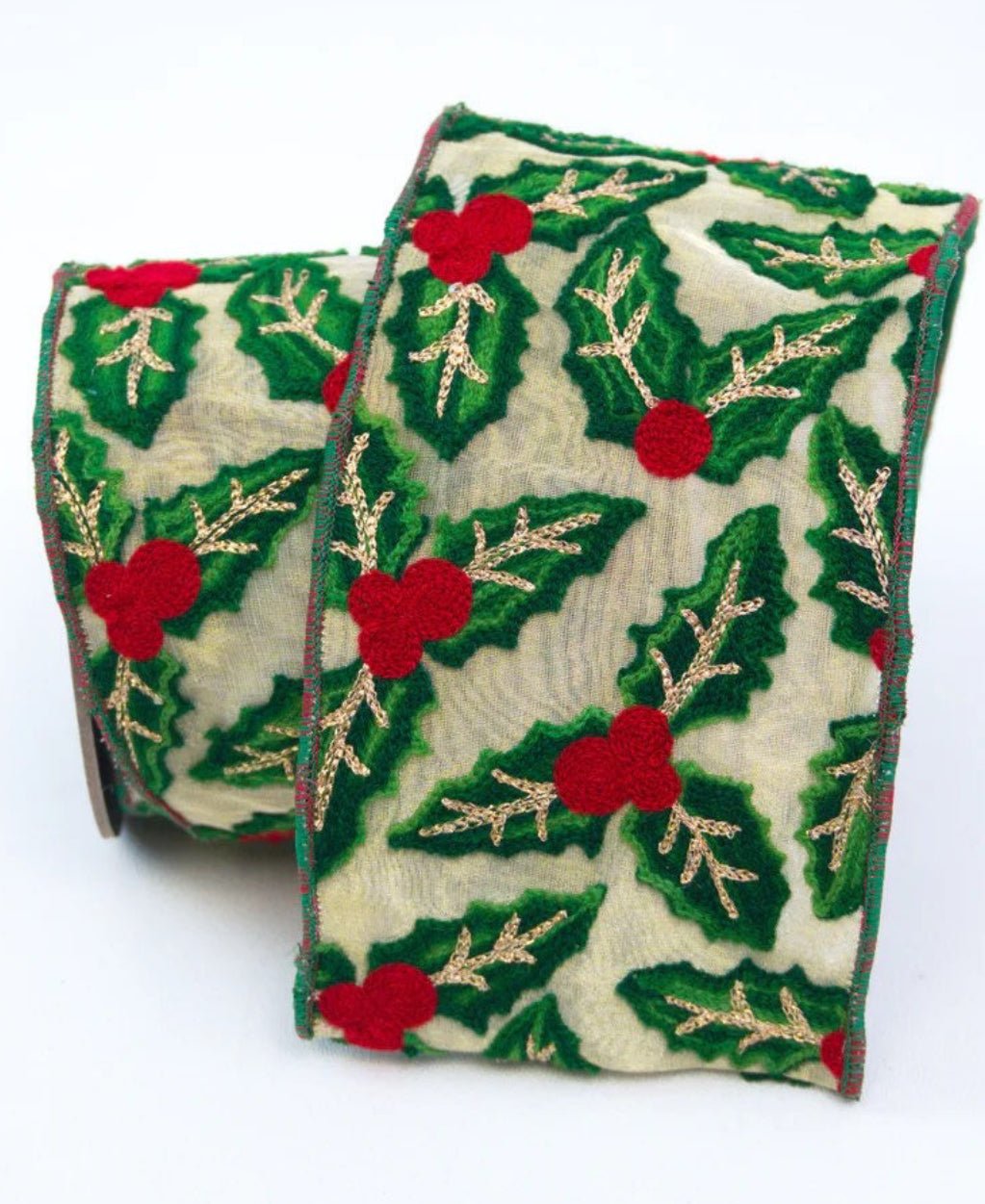 Farrisilk embroidered holly wired ribbon 2.5” - Greenery MarketRG964 - 48