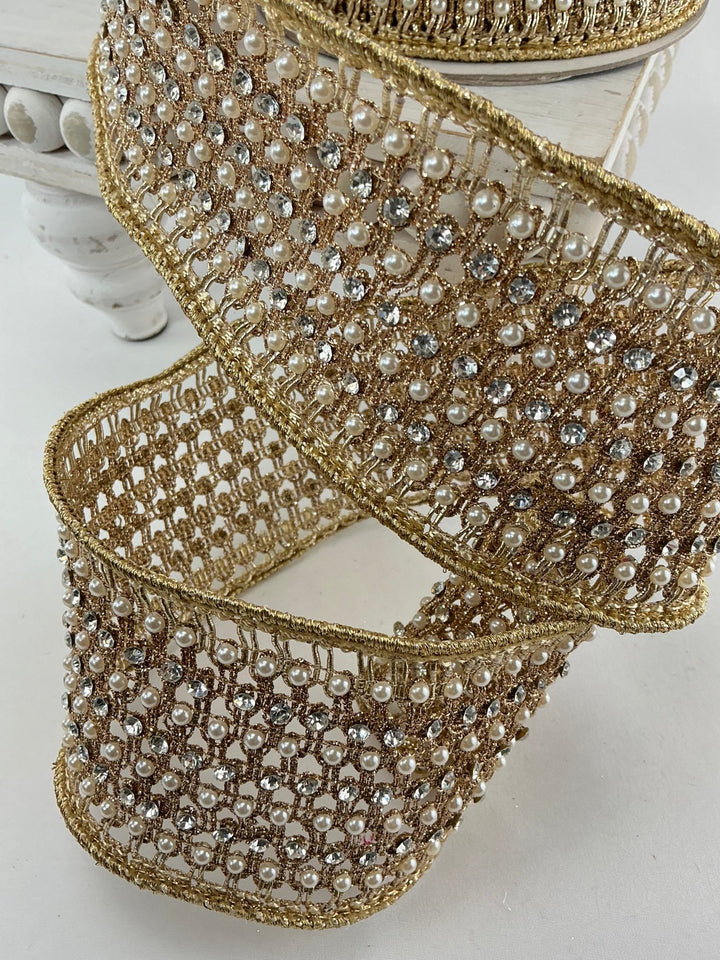 Farrisilk flashy gold Victorian pearl ribbon - 3” - Greenery Marketwired ribbonRK284 - 50