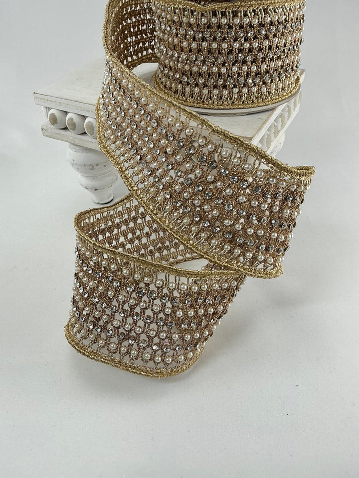 Farrisilk flashy gold Victorian pearl ribbon - 3” - Greenery Marketwired ribbonRK284 - 50