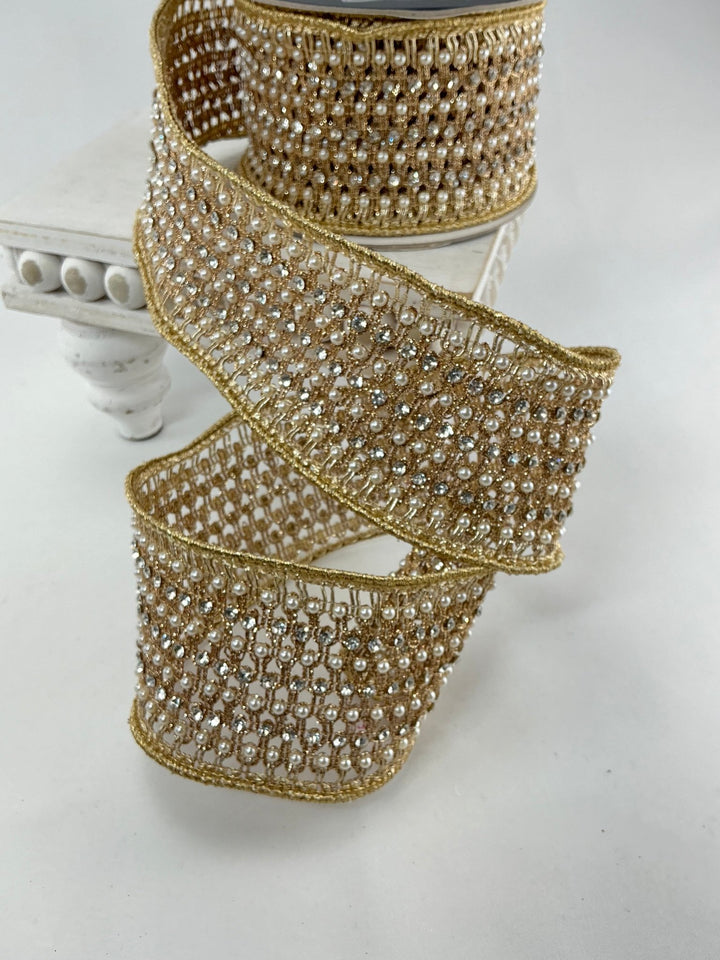 Farrisilk flashy gold Victorian pearl ribbon - 3” - Greenery Marketwired ribbonRK284 - 50