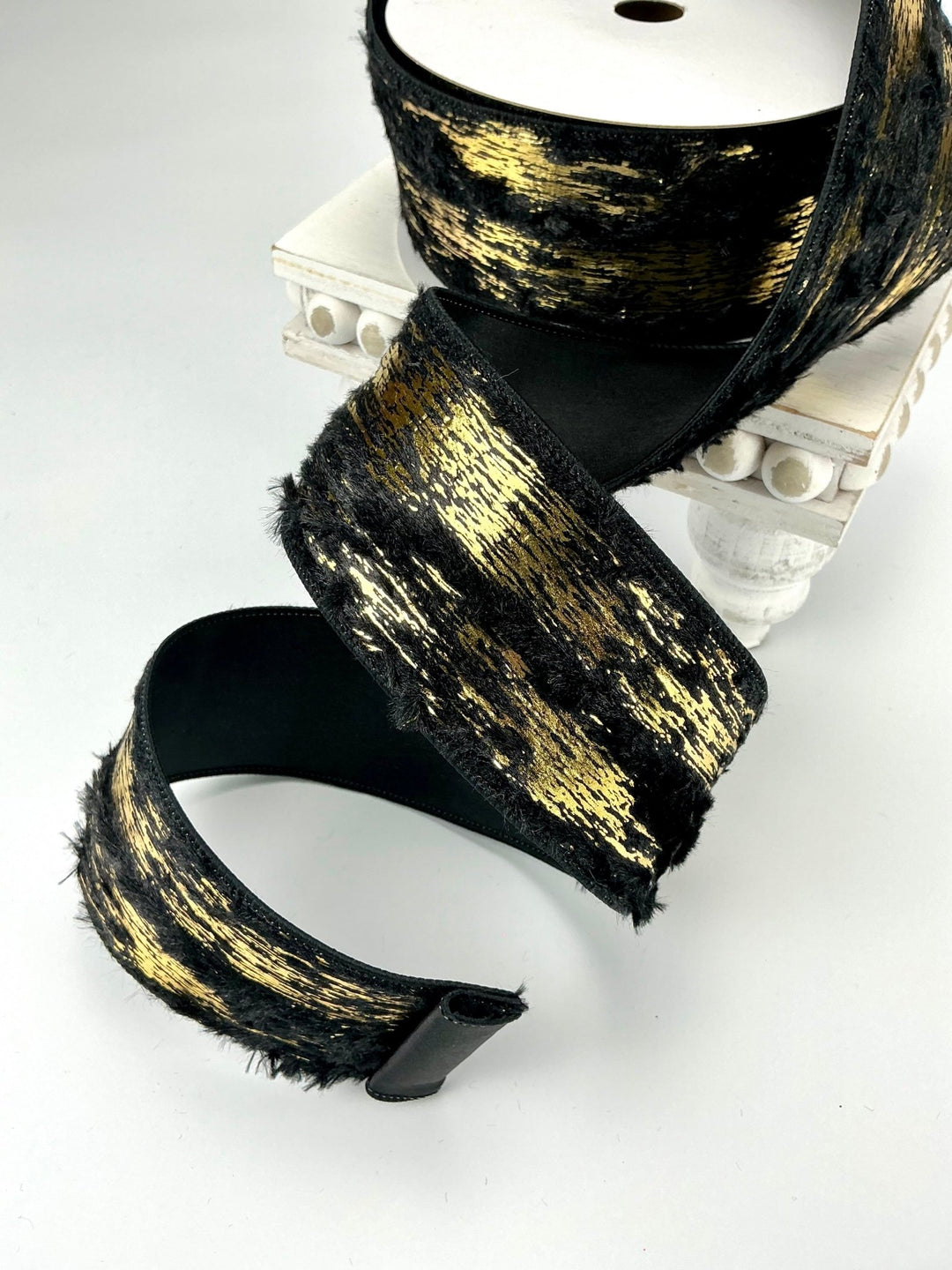 Farrisilk gold and black faux fur tree ribbon - 2.5” - Greenery Marketwired ribbonRa718 - 92