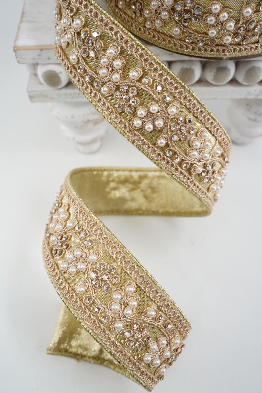 Farrisilk Gold Cecilia Pearl Wired Ribbon - 1.5" - Greenery MarketWired RibbonRK970-50