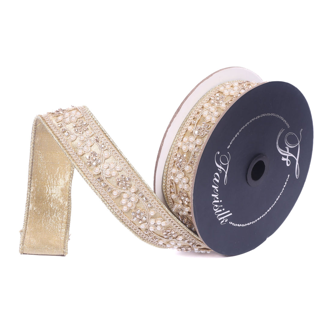 Farrisilk Gold Cecilia Pearl Wired Ribbon - 1.5" - Greenery MarketWired RibbonRK970-50