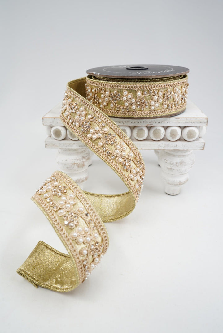 Farrisilk Gold Cecilia Pearl Wired Ribbon - 1.5" - Greenery MarketWired RibbonRK970-50