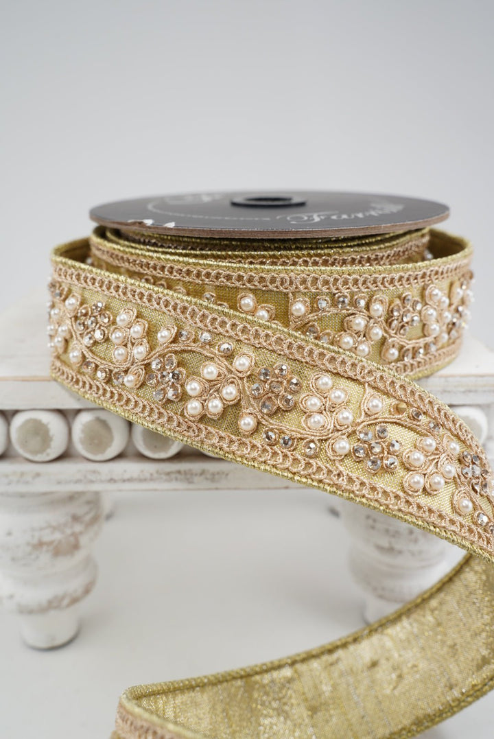 Farrisilk Gold Cecilia Pearl Wired Ribbon - 1.5" - Greenery MarketWired RibbonRK970-50