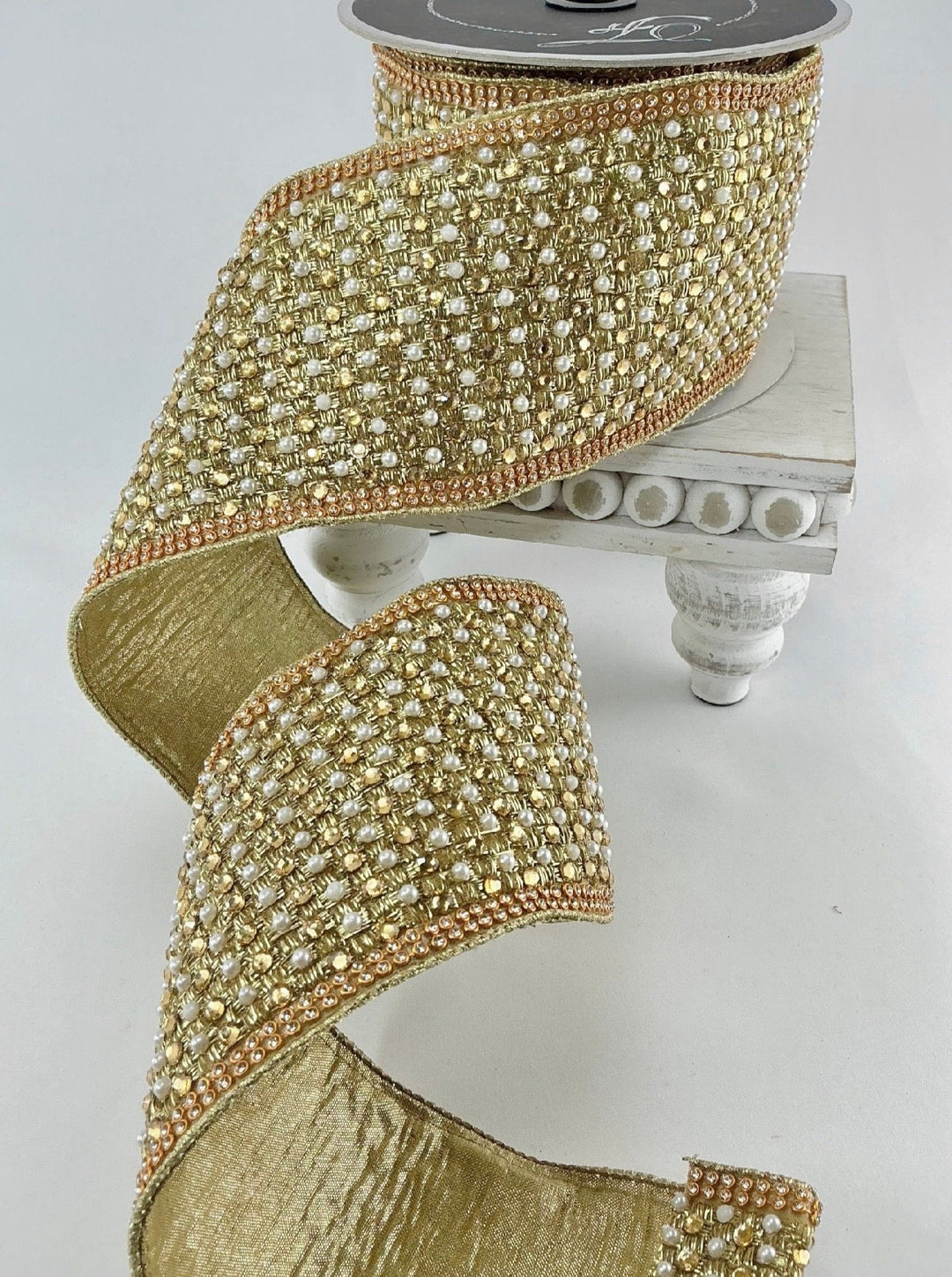 Farrisilk Gold Jewels Pearls and Diamonds Wired Ribbon - 4” - Greenery Marketwired ribbonRG055-50