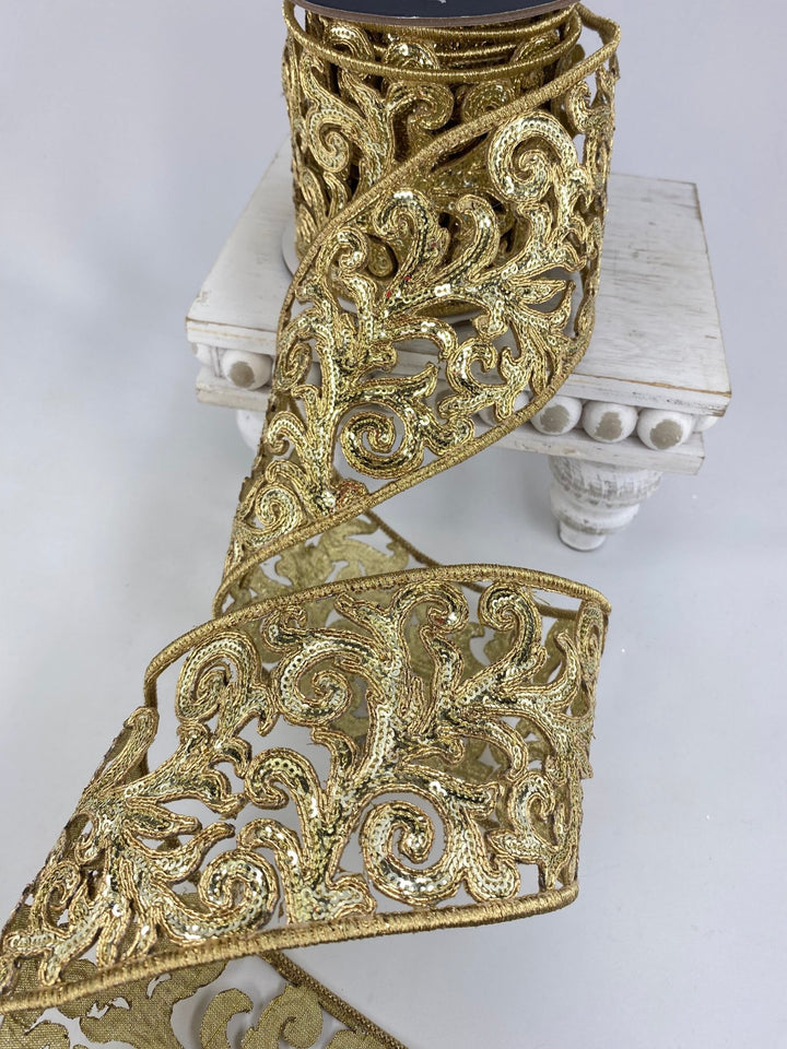 Farrisilk gold sequin acanthus wired ribbon - 4” - Greenery Marketwired ribbonRK745 - 50