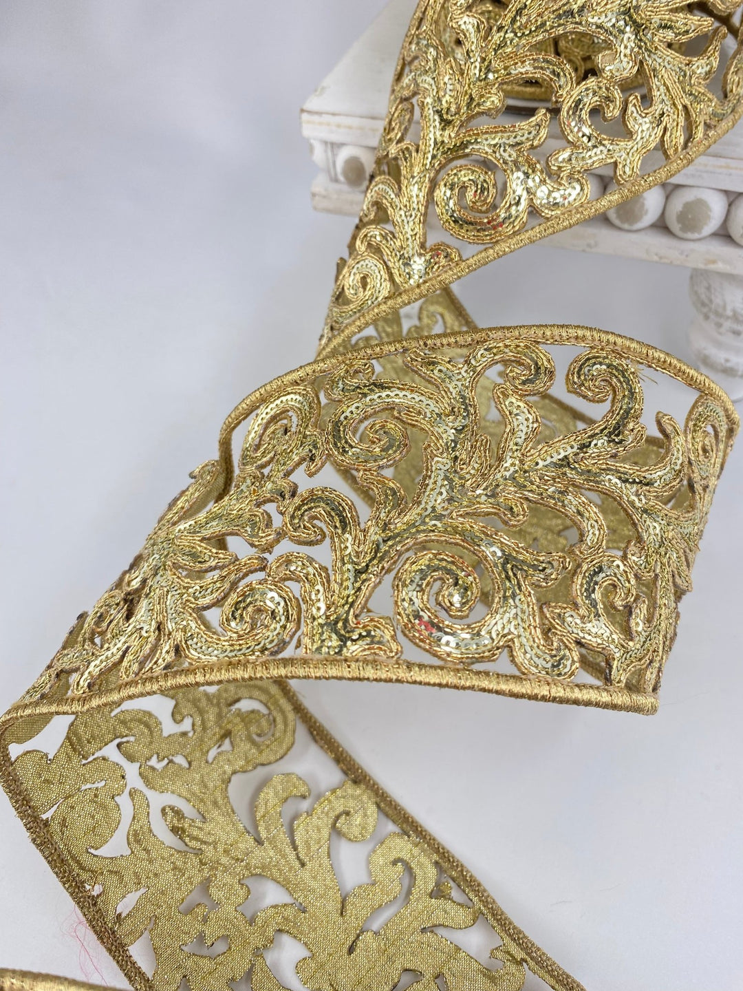 Farrisilk gold sequin acanthus wired ribbon - 4” - Greenery Marketwired ribbonRK745 - 50