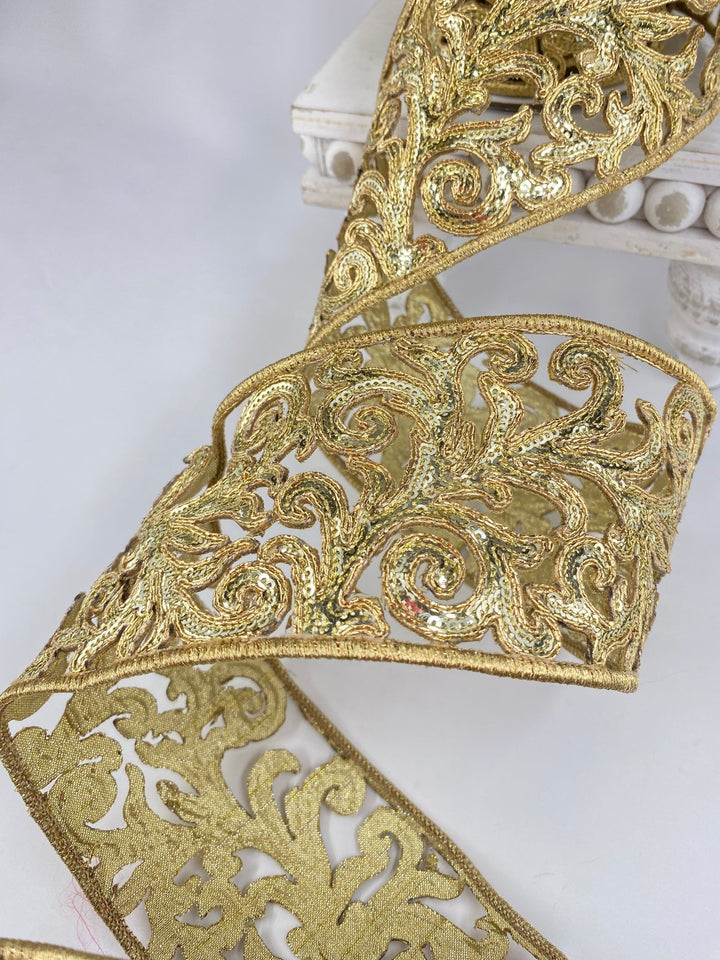 Farrisilk gold sequin acanthus wired ribbon - 4” - Greenery Marketwired ribbonRK745 - 50