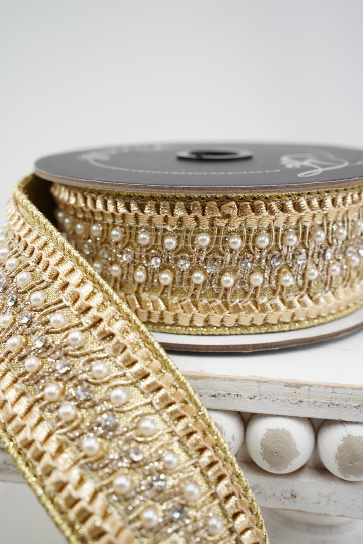Farrisilk Gold Victorian Pearl Trim Wired Ribbon - 1.75" - Greenery MarketWired RibbonRK797-50