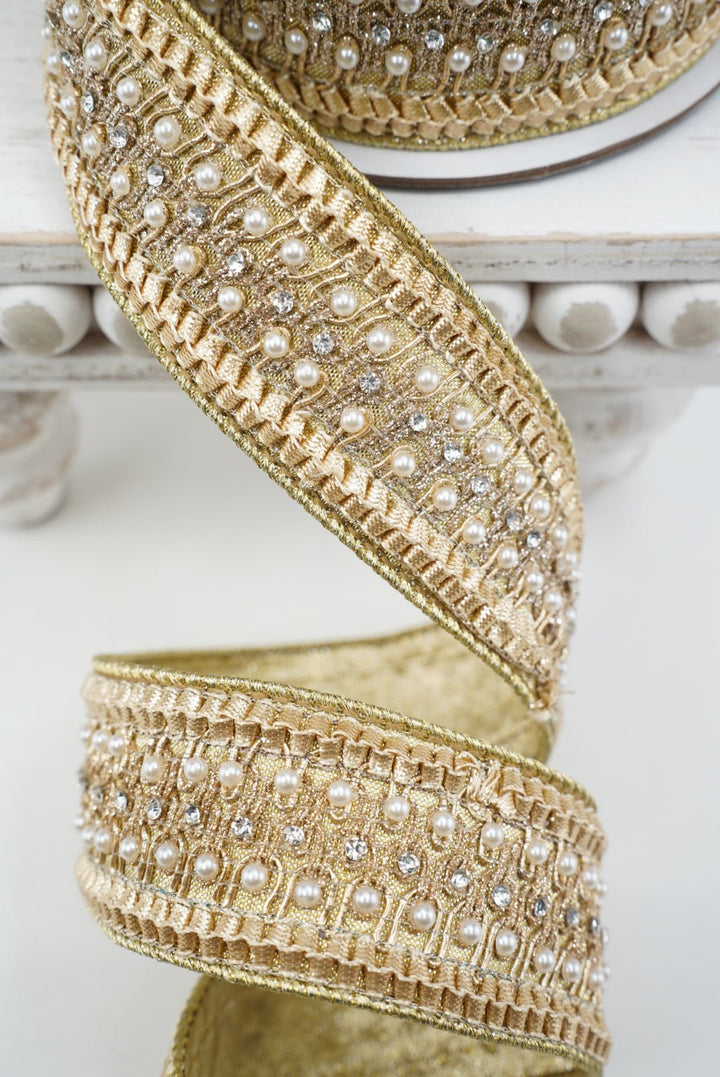 Farrisilk Gold Victorian Pearl Trim Wired Ribbon - 1.75" - Greenery MarketWired RibbonRK797-50