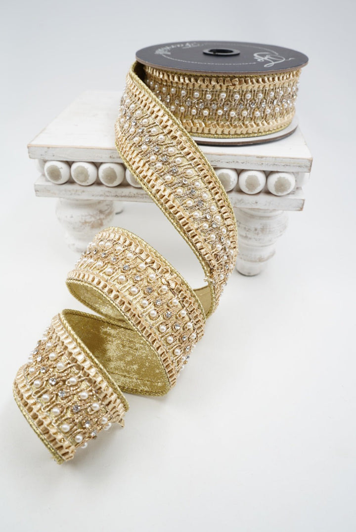 Farrisilk Gold Victorian Pearl Trim Wired Ribbon - 1.75" - Greenery MarketWired RibbonRK797-50
