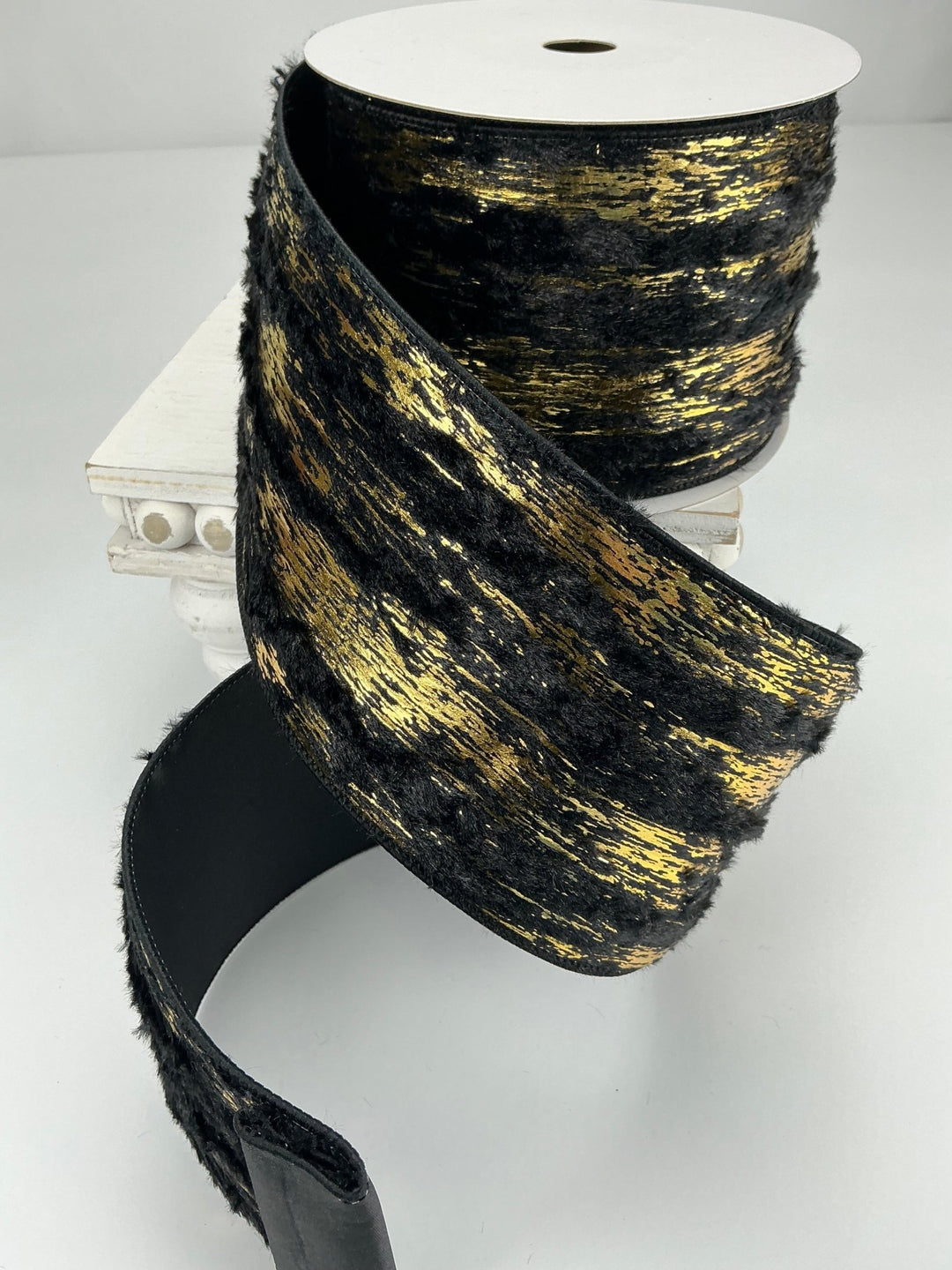 Farrisilk golden fleece black faux fur tree ribbon - 4” - Greenery Marketwired ribbonRA719 - 92