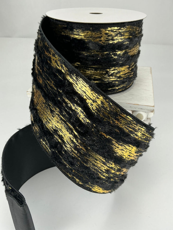 Farrisilk golden fleece black faux fur tree ribbon - 4” - Greenery Marketwired ribbonRA719 - 92