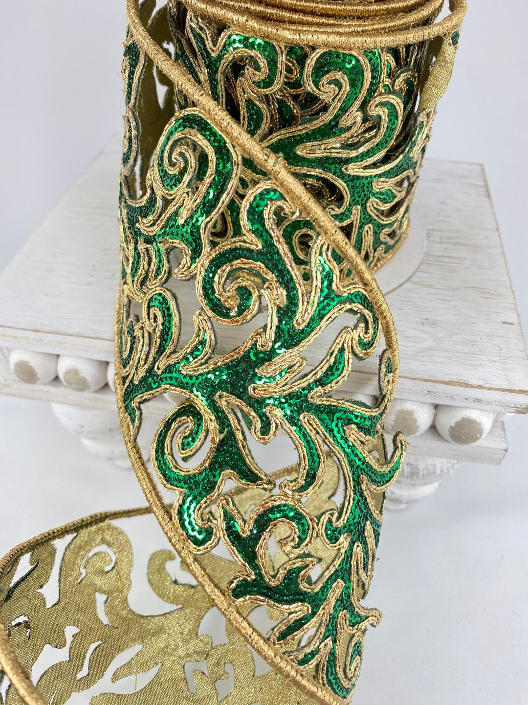 Farrisilk green sequin acanthus wired ribbon - 4” - Greenery Marketwired ribbonRK745 - 55