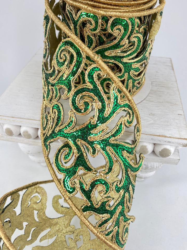 Farrisilk green sequin acanthus wired ribbon - 4” - Greenery Marketwired ribbonRK745 - 55