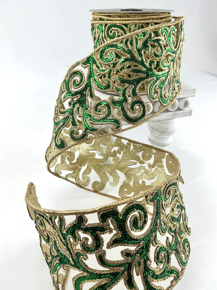 Farrisilk green sequin acanthus wired ribbon - 4” - Greenery Marketwired ribbonRK745 - 55