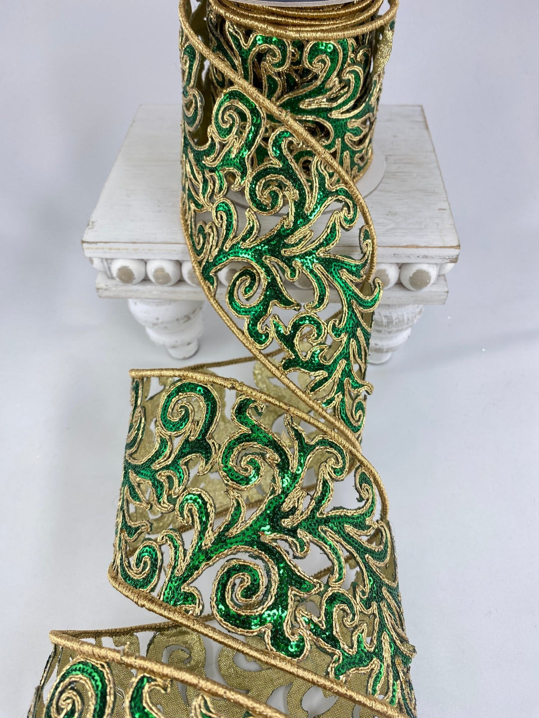Farrisilk green sequin acanthus wired ribbon - 4” - Greenery Marketwired ribbonRK745 - 55